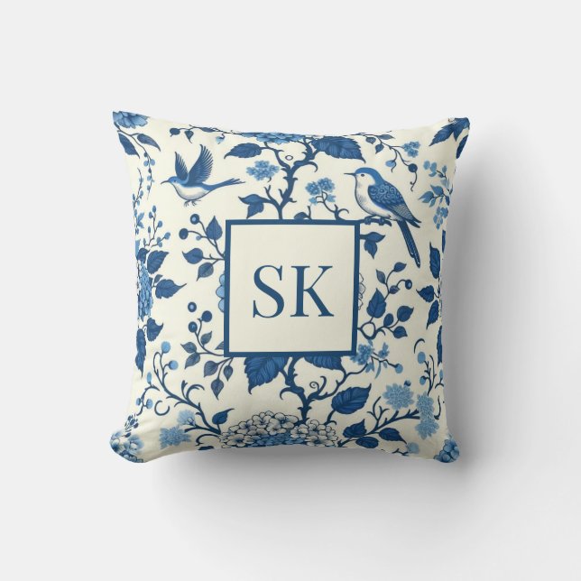 Custom Monogram Chinoiserie Blauw en Wit Kussen (Voorkant)