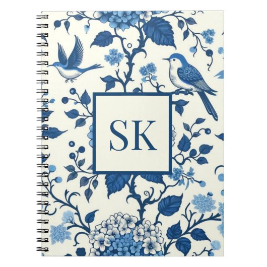 Custom Monogram Chinoiserie Blauw en Wit Notitieboek (Voorkant)