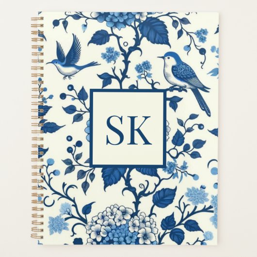 Custom Monogram Chinoiserie Blauw en Wit Planner (Voorkant)