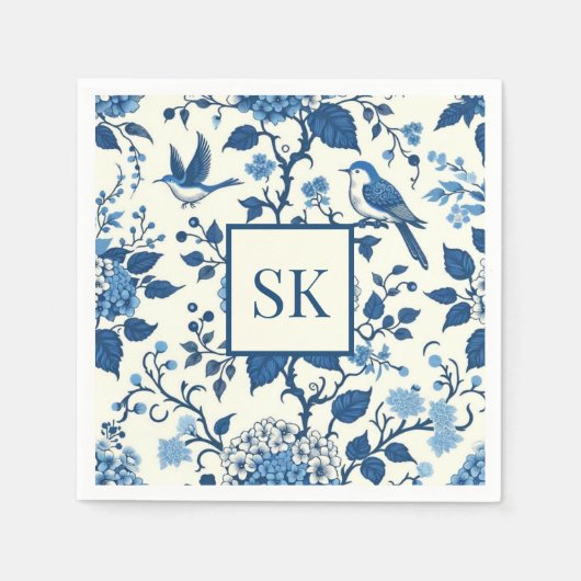 Custom Monogram Chinoiserie Blauw en Wit Servet (Voorkant)