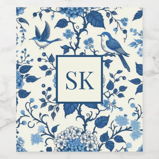 Custom Monogram Chinoiserie Blauw en Wit Wijn Etiket (Enkel label)
