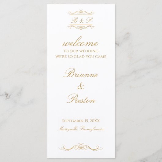 Custom Monogram Elegant Modern Gold Wedding Programmakaart (Voorkant)