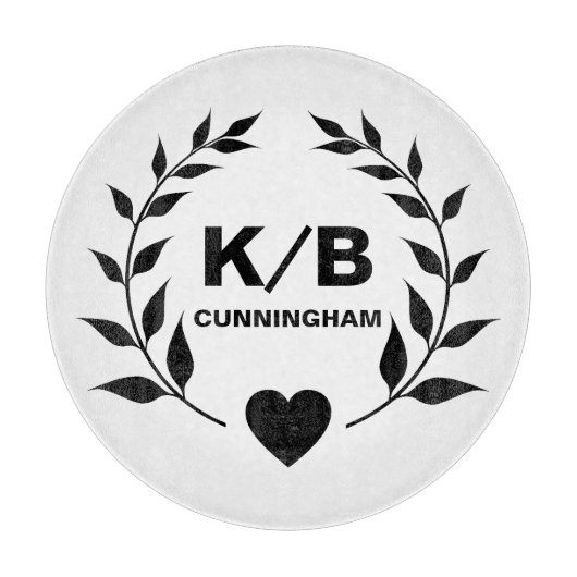 Custom Monogram en Achternaam Laurels en Hart Snijplank (Voorkant)
