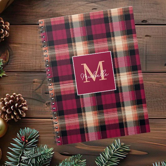 Custom Monogram Festive Gingham Style Pattern Notitieboek