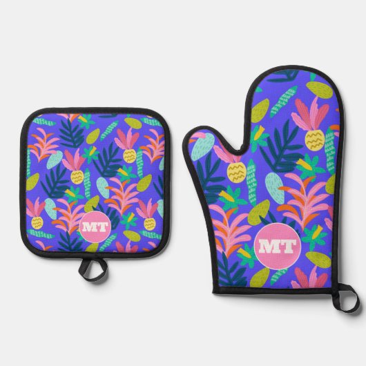 Custom monogram florale blauwe ovenwanten ovenwant & pannenlap set (Voorkant)