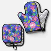 Custom monogram florale blauwe ovenwanten ovenwant & pannenlap set (Voorkant / Achterkant)