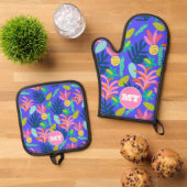 Custom monogram florale blauwe ovenwanten ovenwant & pannenlap set (Top down)