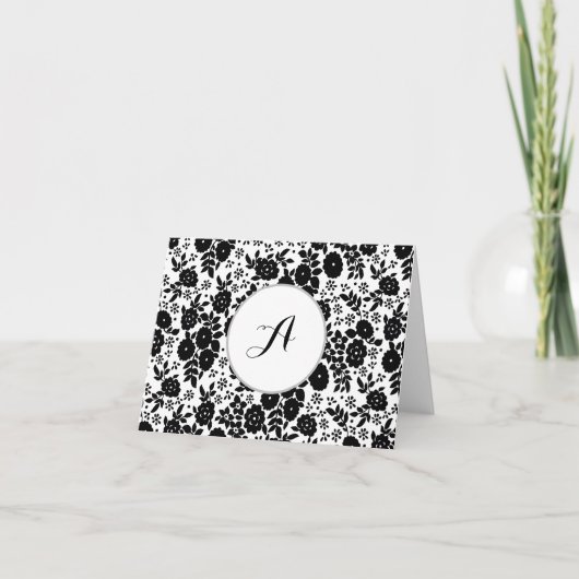 Custom Monogram Flower Pattern Black and White Bedankkaart (Voorkant)
