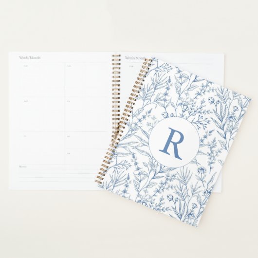 Custom Monogram Frans Toile Blauw Bloemen 2025 Planner (Display)