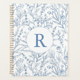 Custom Monogram Frans Toile Blauw Bloemen 2025 Planner