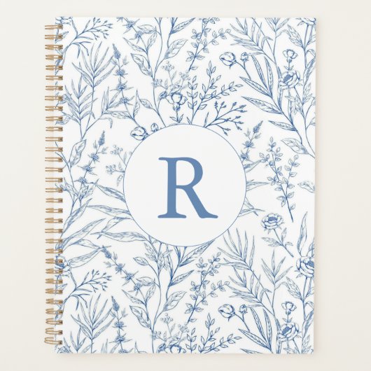 Custom Monogram Frans Toile Blauw Bloemen 2025 Planner (Voorkant)
