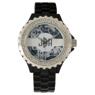 Custom Monogram Geared Up Black emaille horloge