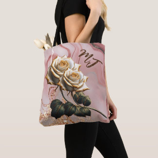 Custom Monogram Gold en White Rose Canvas tas