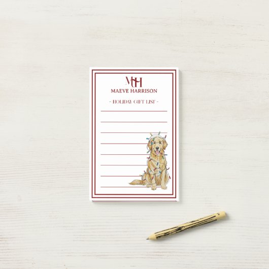 Custom Monogram Golden Retriever Holiday Gift List Post-it® Notes (Op bureau)
