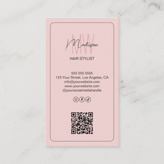 Custom Monogram Hair Stylist QR Pink Visitekaartje (Achterkant)