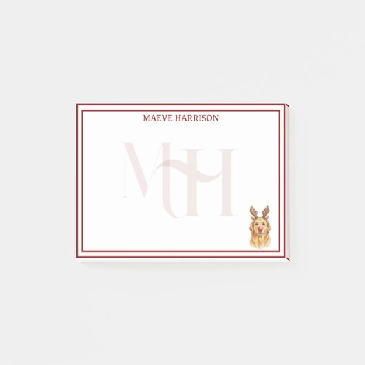 Custom Monogram Holiday Golden Retriever Reindeer Post-it® Notes (Voorkant)