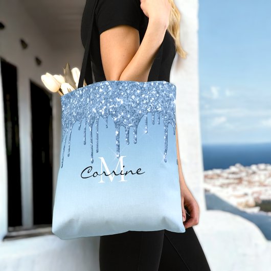 Custom Monogram Ice Blue Glitter druppels Metallic Tote Bag
