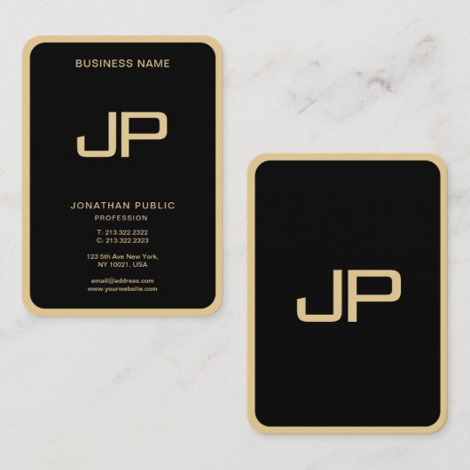 Custom Monogram Initial Elegant Black And Gold Visitekaartje (Voorkant / Achterkant)