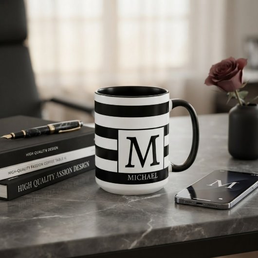 Custom Monogram Initial Name Black White Stripes Mok