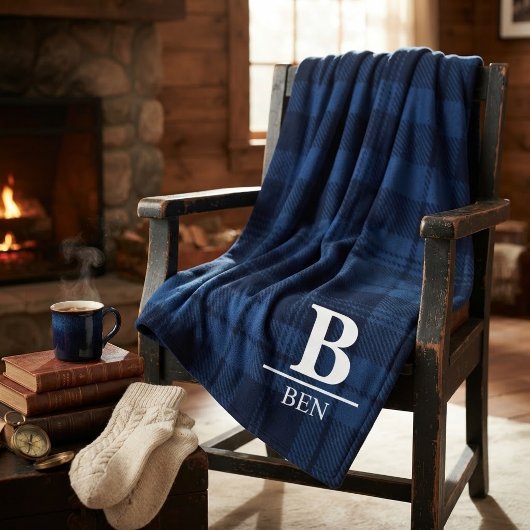 Custom Monogram Initial & Name Blue Buffalo Plaid Fleece Deken