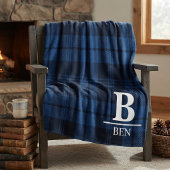Custom Monogram Initial & Name Blue Buffalo Plaid Fleece Deken