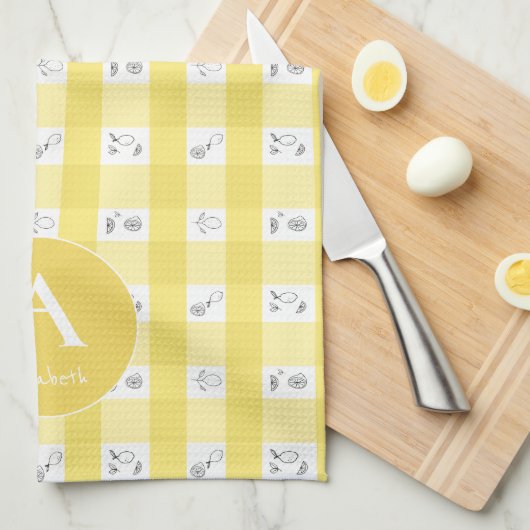 Custom Monogram Lemon Plaid  Theedoek (Quarter Fold)