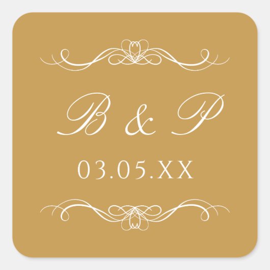 Custom Monogram Modern Elegant Gold Swirl Wedding Vierkante Sticker (Voorkant)