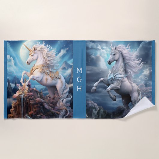 Custom Monogram Mooie Eenhoorns Strandlaken (Voorkant)