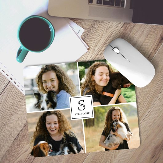 Custom Monogram & Name 4 Photo Collage Template Muismat