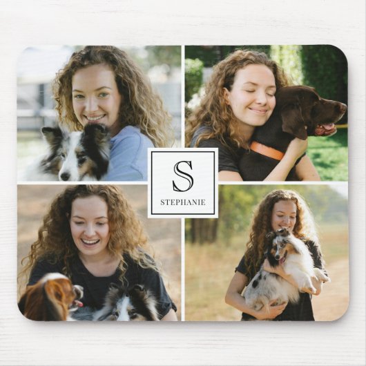 Custom Monogram & Name 4 Photo Collage Template Muismat (Voorkant)