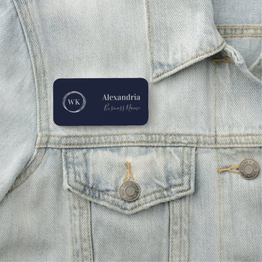 Custom Monogram Navy Silver Employee Naamplaatje (In situ)