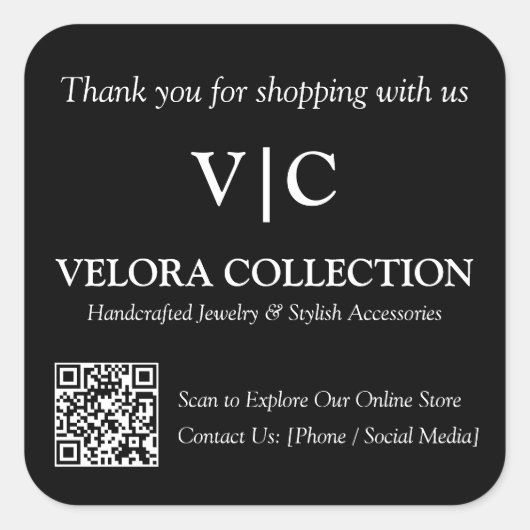 Custom Monogram or Logo QR Code Black Sticker (Voorkant)
