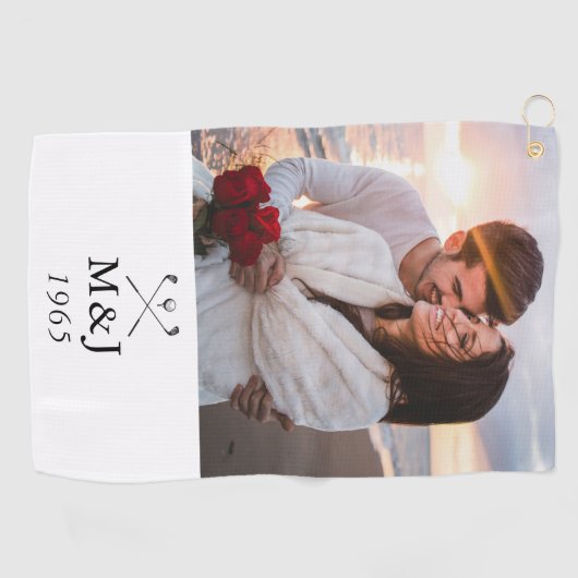 Custom Monogram Photo Wedding Anniversary Date Golfhanddoek (Horizontaal)
