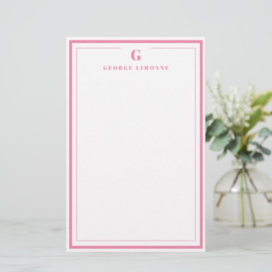 Custom Monogram Pink Border Stationery  Briefpapier (Staand voorkant)