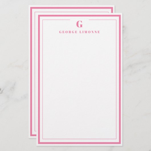 Custom Monogram Pink Border Stationery Briefpapier (Voorkant / Achterkant)