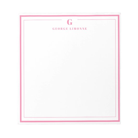 Custom Monogram Pink Border Stationery Notitieblok (Voorkant)
