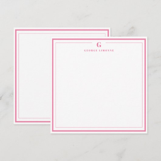 Custom Monogram Pink Border Stationery Notitiekaartje (Voorkant / Achterkant)