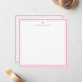 Custom Monogram Pink Border Stationery Notitiekaartje (Voorkant / Achterkant in situ)