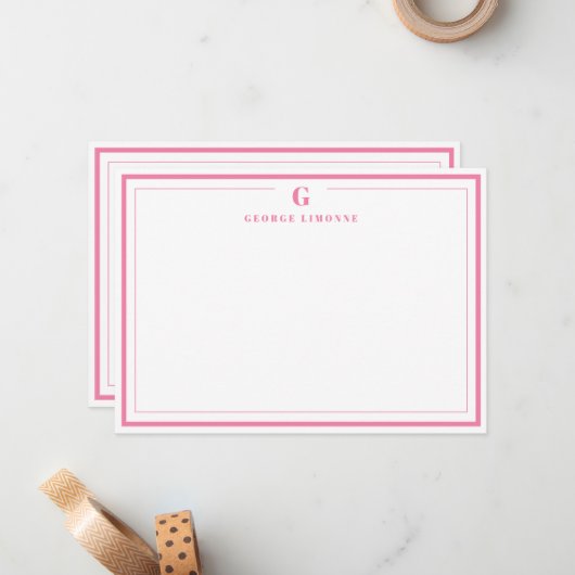 Custom Monogram Pink Border Stationery  Notitiekaartje (Voorkant / Achterkant in situ)