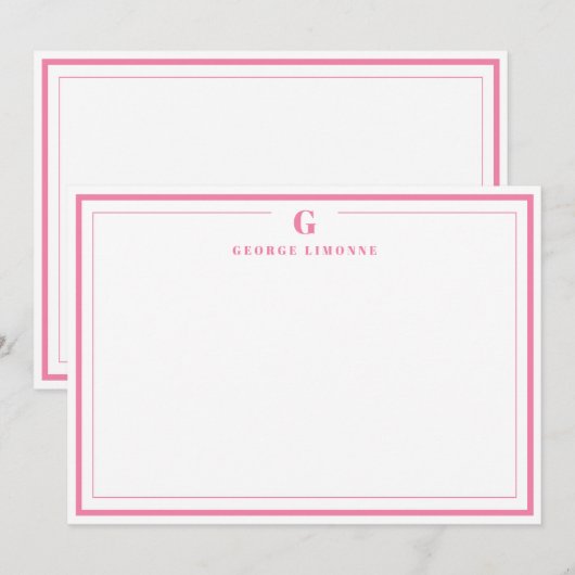 Custom Monogram Pink Border Stationery Notitiekaartje (Voorkant / Achterkant)