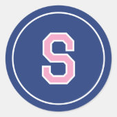 Custom Monogram Retro Typografie Navy Pink Ronde Sticker (Voorkant)