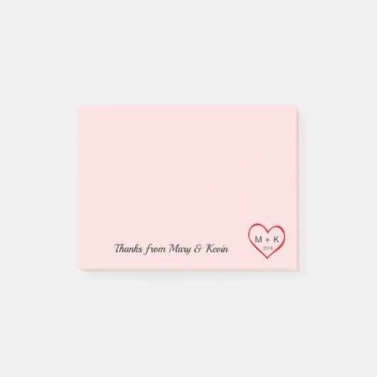 Custom Monogram Rood Hart Roze Bruiloft Paar Post-it® Notes (Voorkant)