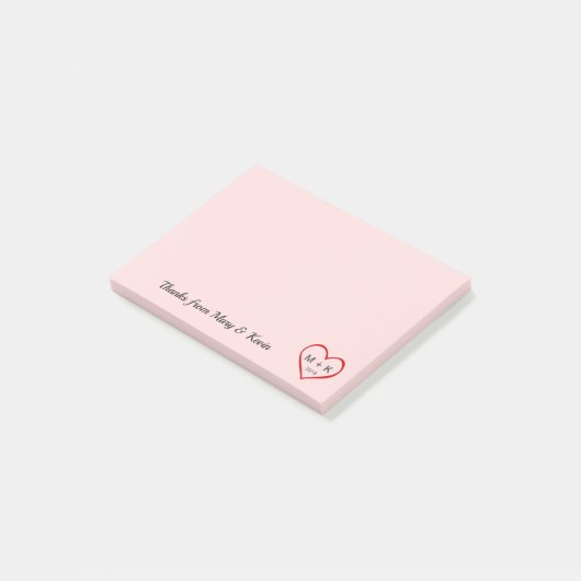 Custom Monogram Rood Hart Roze Bruiloft Paar Post-it® Notes (Schuin)