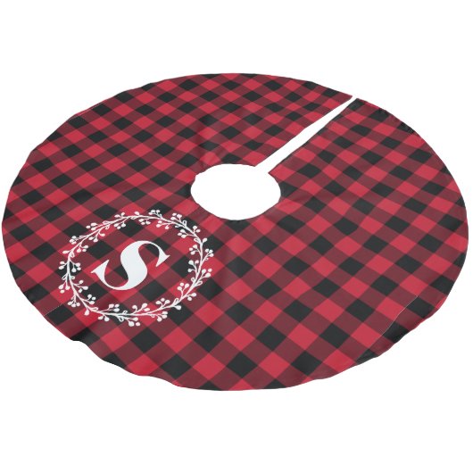 Custom Monogram Rood Zwart Buffel Plaid Krans Kerstboom Rok (Gekanteld)