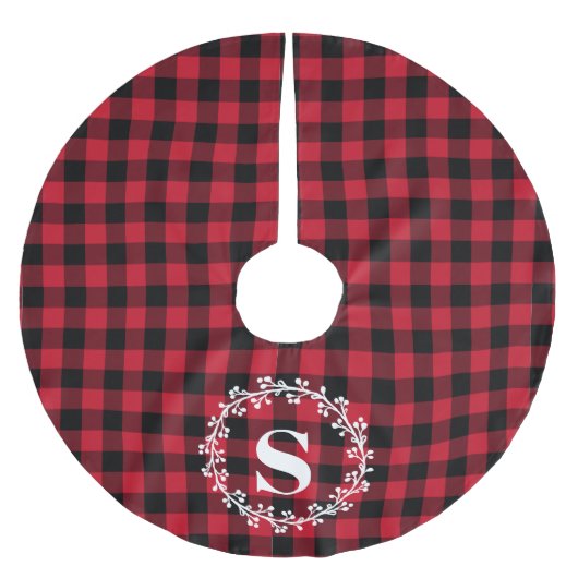 Custom Monogram Rood Zwart Buffel Plaid Krans Kerstboom Rok (Voorkant)