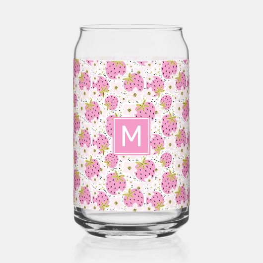Custom Monogram Roze Aardbeien Patroon Blikvorm Glas (Voorkant)