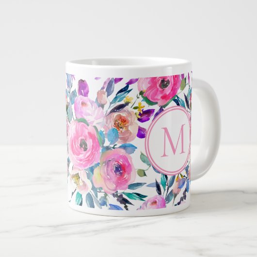 Custom Monogram Roze Bloemen Grote Koffiekop (Voorkant rechts)