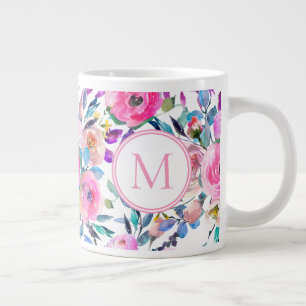 Custom Monogram Roze Bloemen Grote Koffiekop