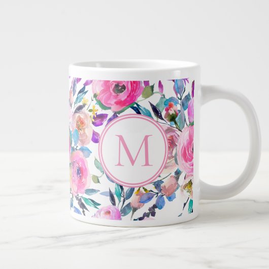 Custom Monogram Roze Bloemen Grote Koffiekop (Rechts)
