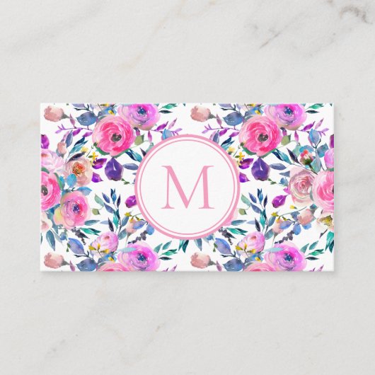 Custom Monogram Roze Bloemen Waterverf Visitekaartje (Voorkant)